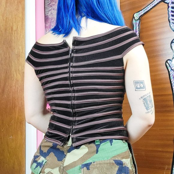 Vintage 90s Brown Velvet Striped Boatneck Top - Picture 3 of 7